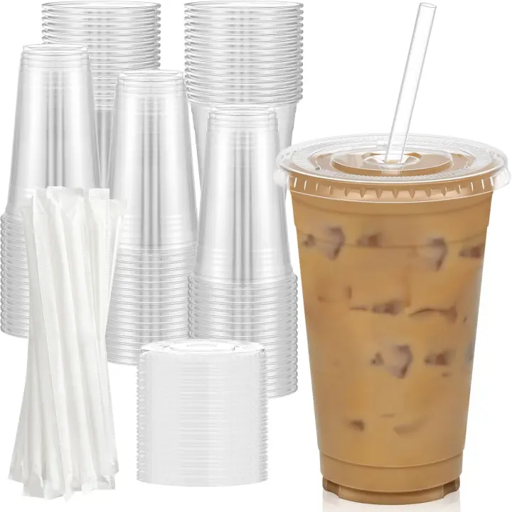 100-Pack Clear Plastic Cold Cups with Lids & Straws — 16 oz Disposable