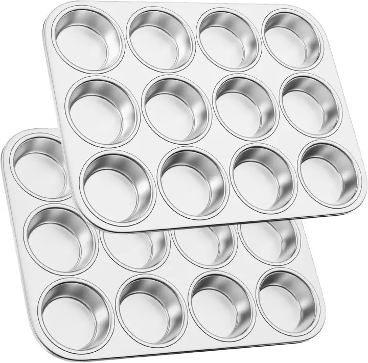12-Cup Stainless Steel Muffin Pan Set — 2-Piece Metal Cupcake Tray