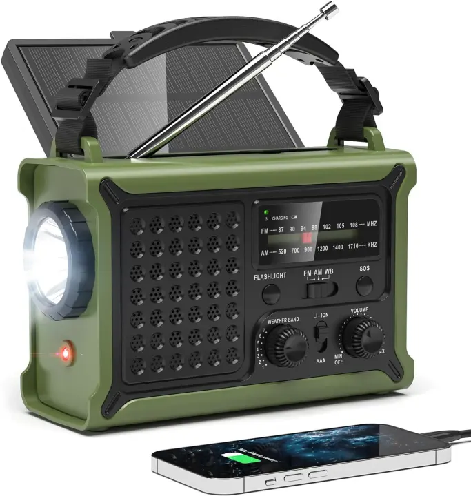 12000mAh Emergency NOAA/AM/FM Radio with Solar Panel, Crank & Lights