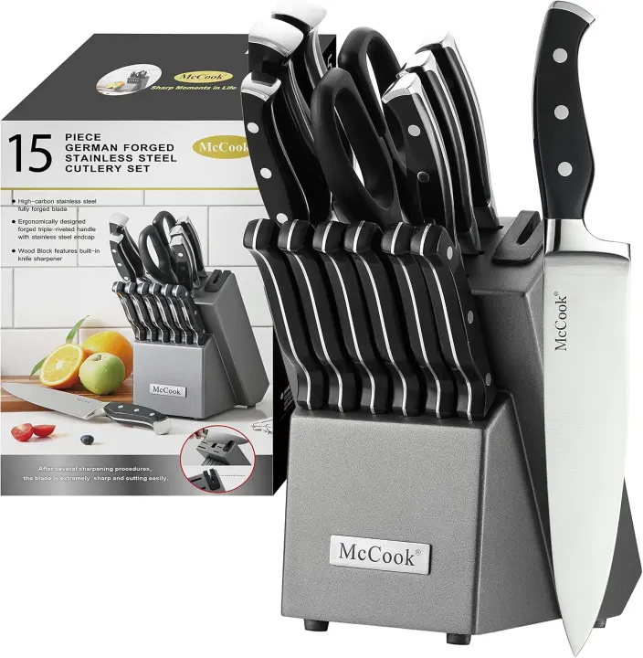 15-Piece German Stainless Steel Kitchen Knife Block Set with Built-In Sharpener