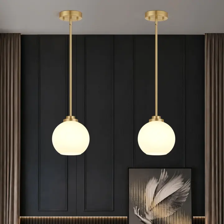 2-Pack Brushed Gold Globe Pendant Lights — Milk Glass Kitchen Island