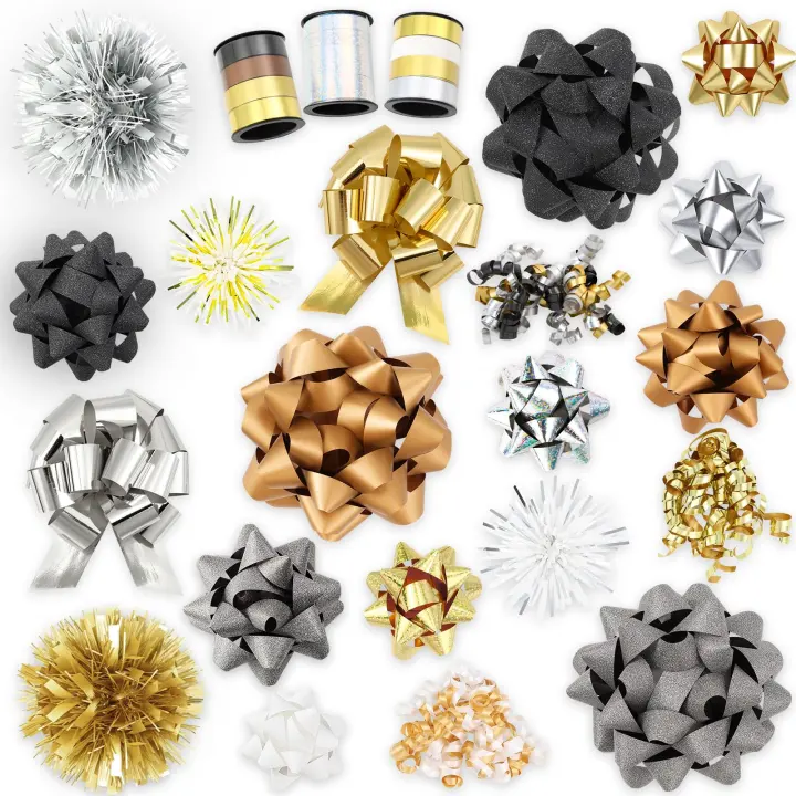 23-Piece Black & Gold Christmas Gift Bow Set — Assorted Wrapping Bows