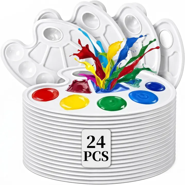 24-Pack Plastic Paint Palettes — Round Mixing Trays for Kids & Classes