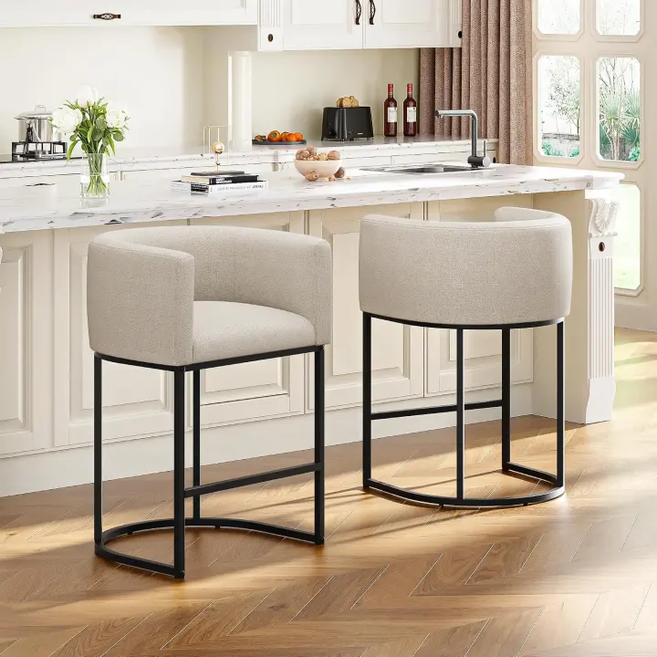 26-Inch Counter Height Barrel Bar Stools — Set of 2, Linen-Style Upholstered