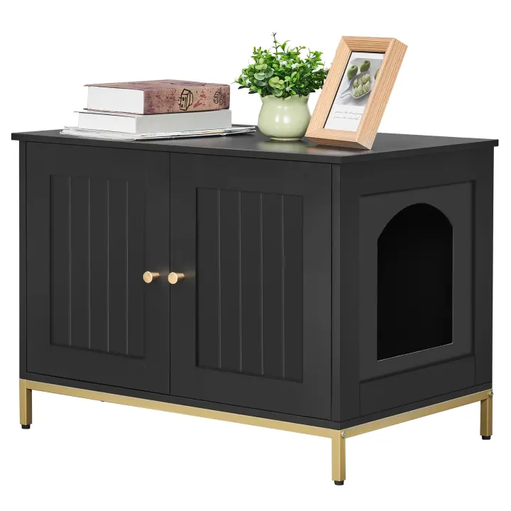 28.3" Cat Litter Box Enclosure with Metal Frame — Black & Gold