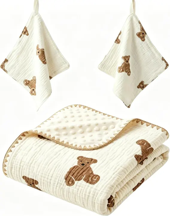 3-Piece Muslin & Minky Baby Blanket Set with Two Washcloths (Teddy)