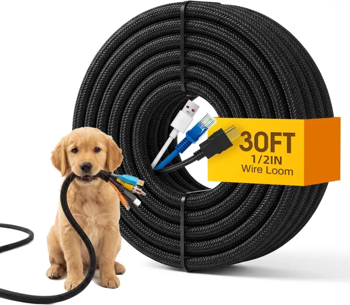 30ft Braided Wire Loom Cable Sleeve — 1/2-inch Expandable Cord Protector