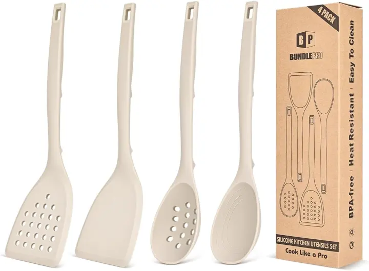 4-Piece Silicone Kitchen Utensil Set — Spatula & Spoons, Khaki