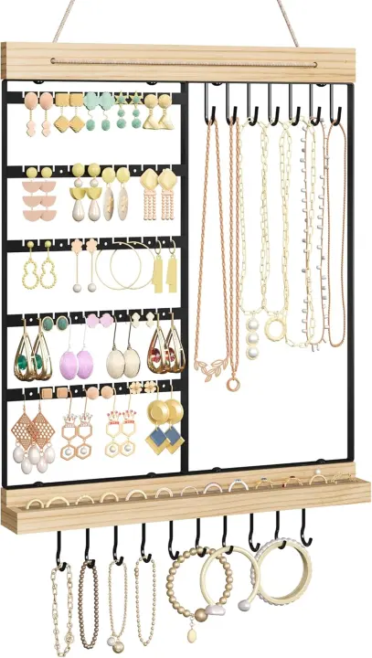 5-Tier Hanging Jewelry Organizer with Wooden Ring Groove