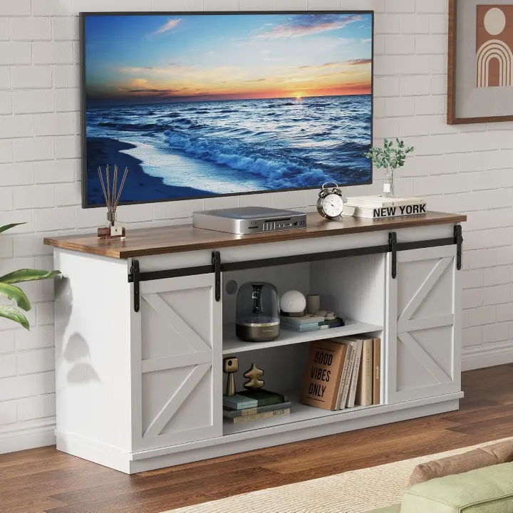 58" Farmhouse TV Stand with Sliding Barn Doors — White TV Stand