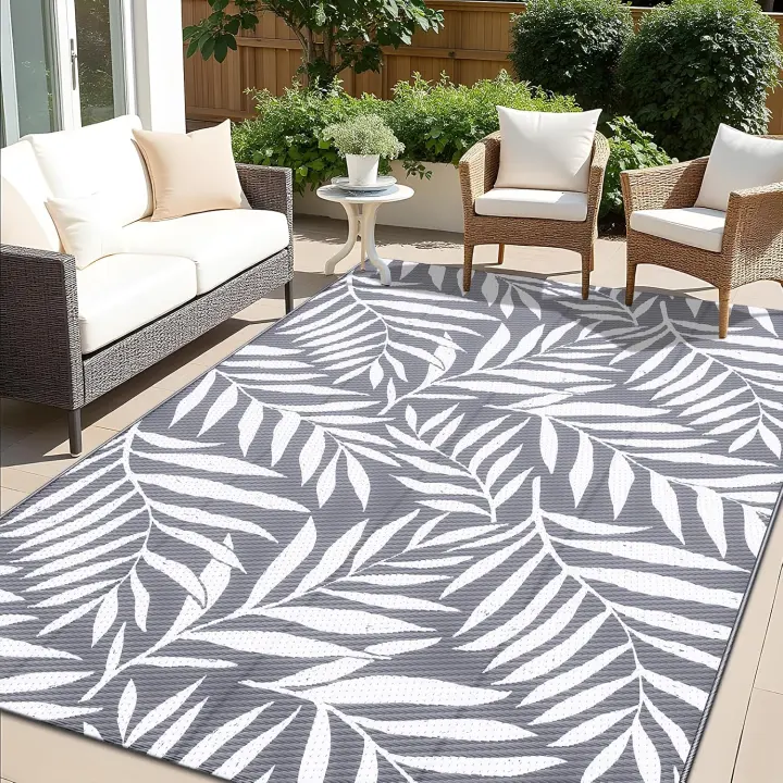 5x8 ft Waterproof Reversible Outdoor Leaf Rug — Foldable Patio Mat