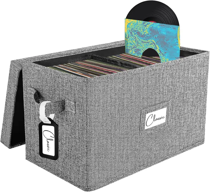 7-Inch Vinyl Storage Box with Lid & Handle — Collapsible Gray Case (Holds 80)