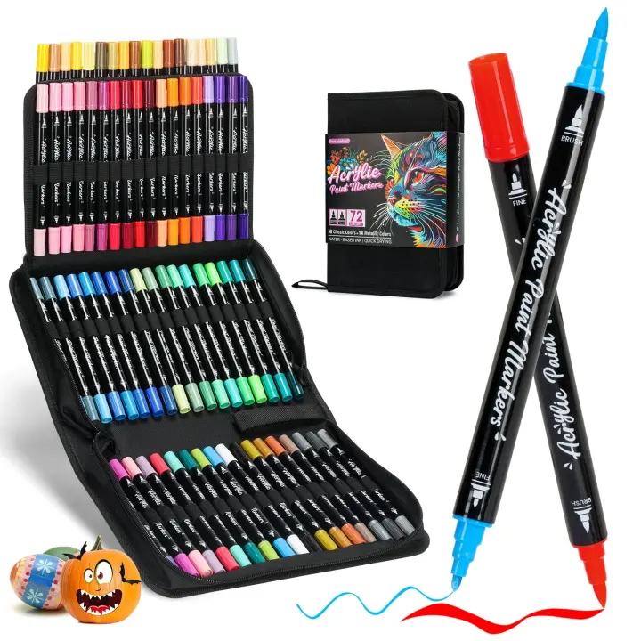 72-Color Dual‑Tip Acrylic Paint Markers — Brush & Fine Tip Pens