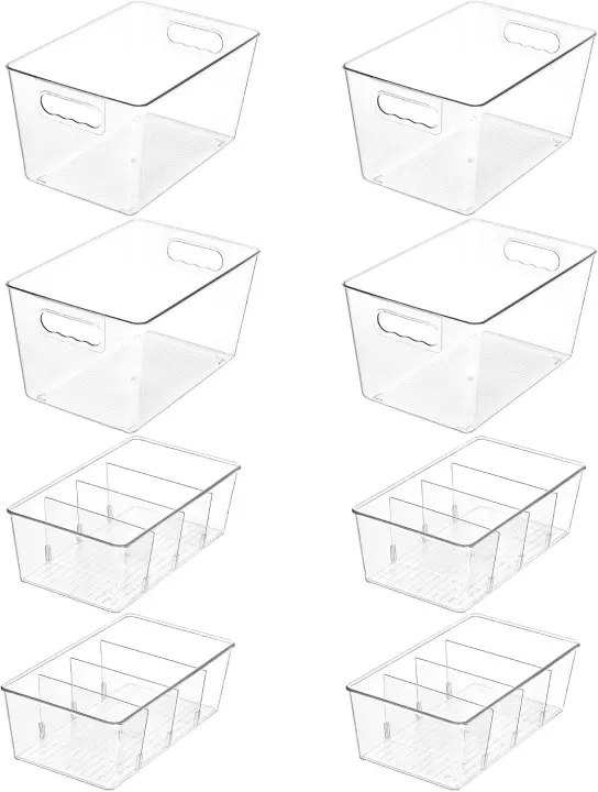 8-Pack Clear Pantry Storage Bins with Handles and 4-Compartment Snack Bins