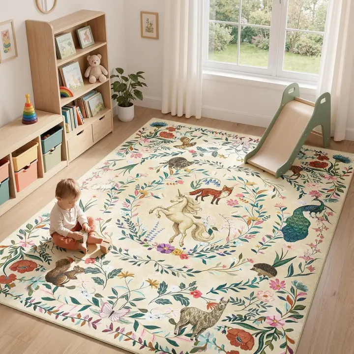 8x10 Washable Kids Playroom Rug — Woodland Unicorn Storybook