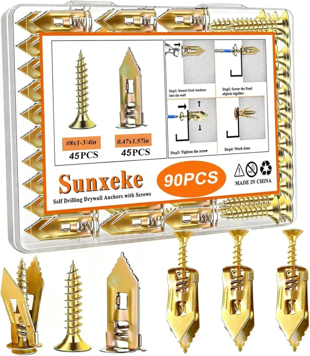 90PCS Self-Drilling Drywall Anchors & Screws Kit — Metal Sheetrock Anchors