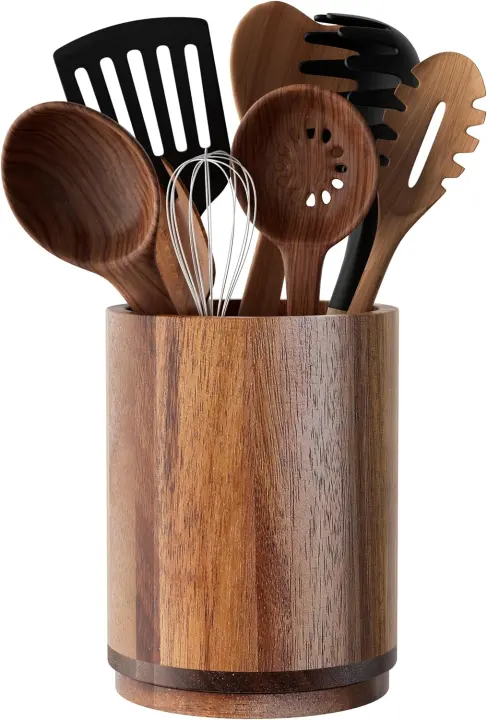 Acacia Wood Rotating Utensil Crock — 360° Countertop Organizer