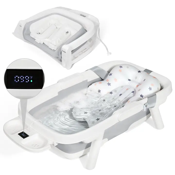 Collapsible Baby Bath Tub with Cushion & Thermometer — Large Gray