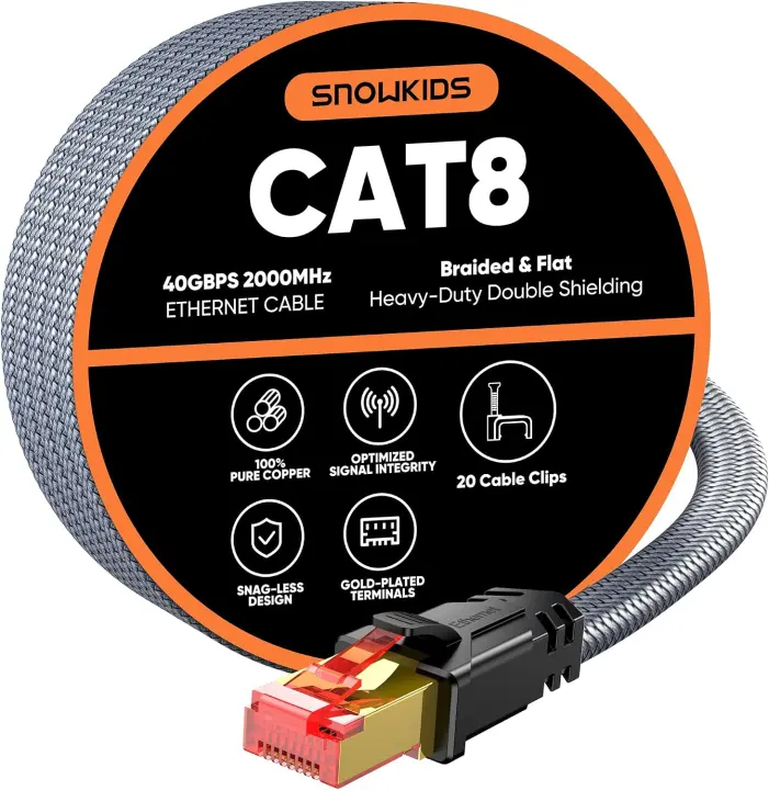 Flat Shielded Cat8 Ethernet Cable — 15 ft High-Speed LAN Lead