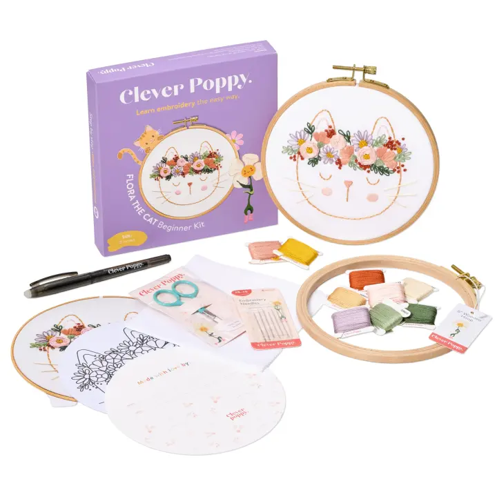 Flora the Cat Embroidery Starter Kit — Hoop, Threads & Video Guide