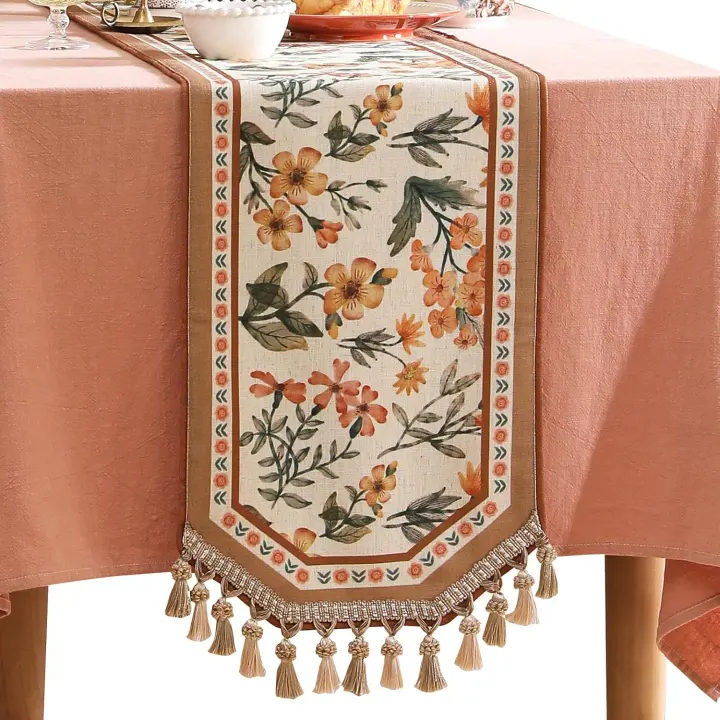 Floral Linen-Blend Table Runner — 63 x 12 Inch Elegant Dining Accent