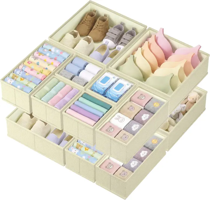 Foldable Fabric Drawer Organizers — 12-Pack Divider Bins (Beige)