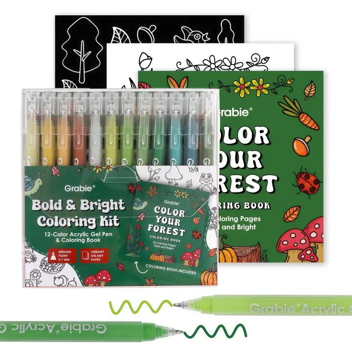 Grabie Acrylic Gel Pens — 12 Forest Shades with Themed Coloring Pad
