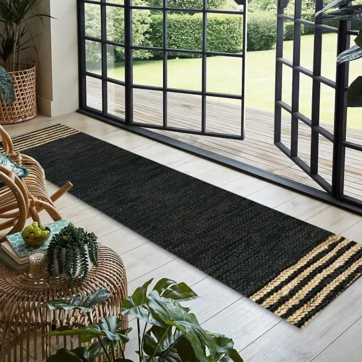 Handwoven Black Leather & Jute Runner Rug — 2'6" x 6' Runner Rug