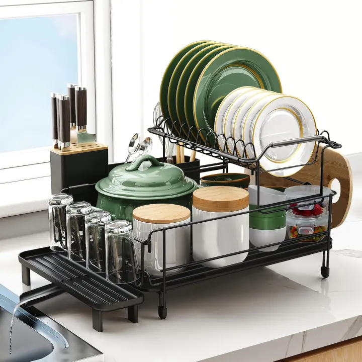 Large 2-Tier Extendable Dish Drying Rack — Black Counter & Over-Sink Drainer