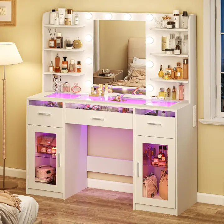Lighted Clear-Top Makeup Vanity Desk with Mirror, RGB Drawers & Cabinets