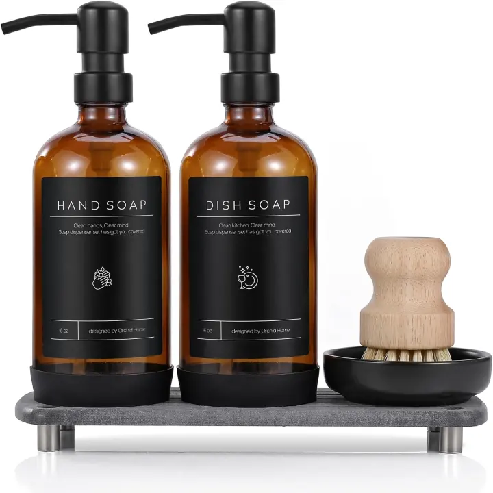 Luxury Kitchen Soap Dispenser Set — 16oz Amber Glass with Stainless Pumps