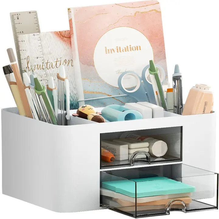 Marbrasse Pen Organizer with 2 Drawers — Multi-Compartment Desk Caddy