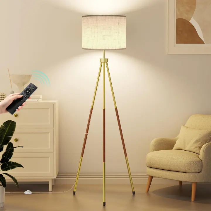 Mid-Century Wood Tripod Floor Lamp — Remote, Dimmer & 3-Temp LED