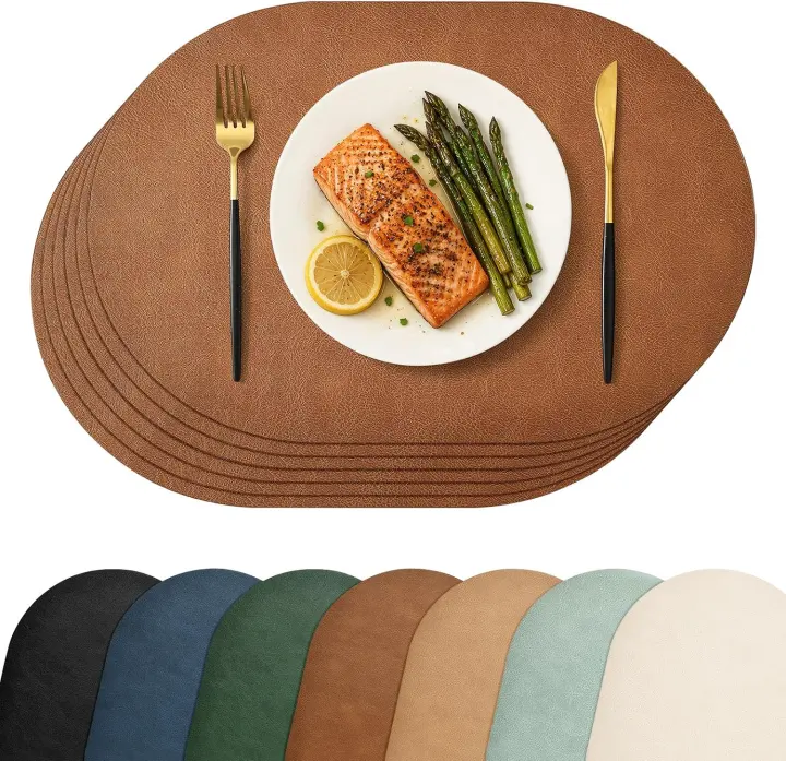 Oval Heat-Resistant PU Placemats — Set of 6, Reddish Brown, 12 x 17 in