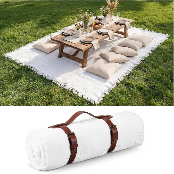 Oversized 70 x 120 in Woven Cotton Picnic Blanket with Fringe & Leather Strap