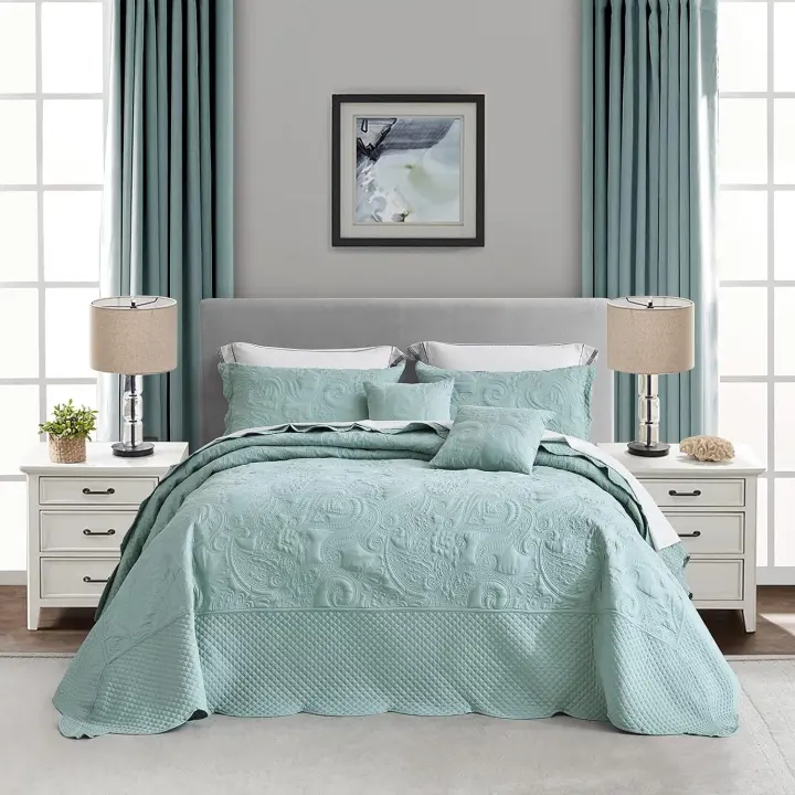 Oversized King Bedspread 128 x 120 — Seaglass Stitched Paisley 5-Piece Set