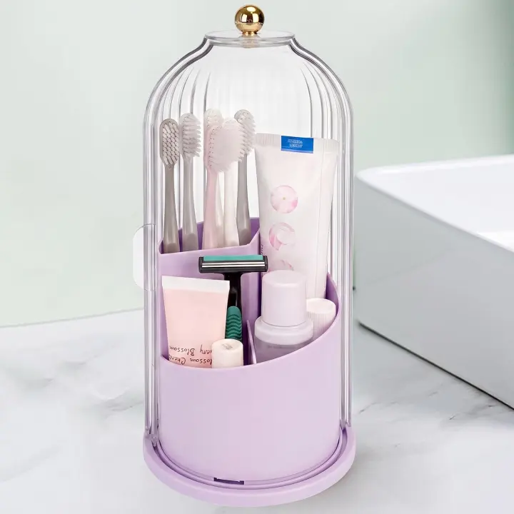 Rotating Toothbrush & Toothpaste Counter Organizer with Sliding Lid — 3-Slot Holder