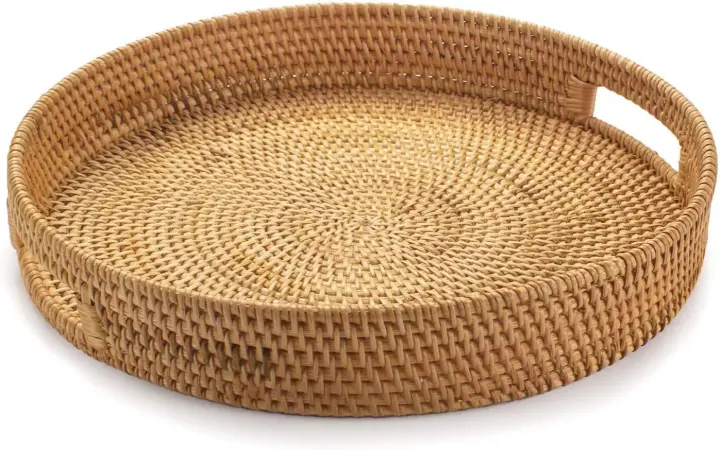 Round Rattan Serving Tray with Handles — 11.8 in Wicker Coffee Table Tray