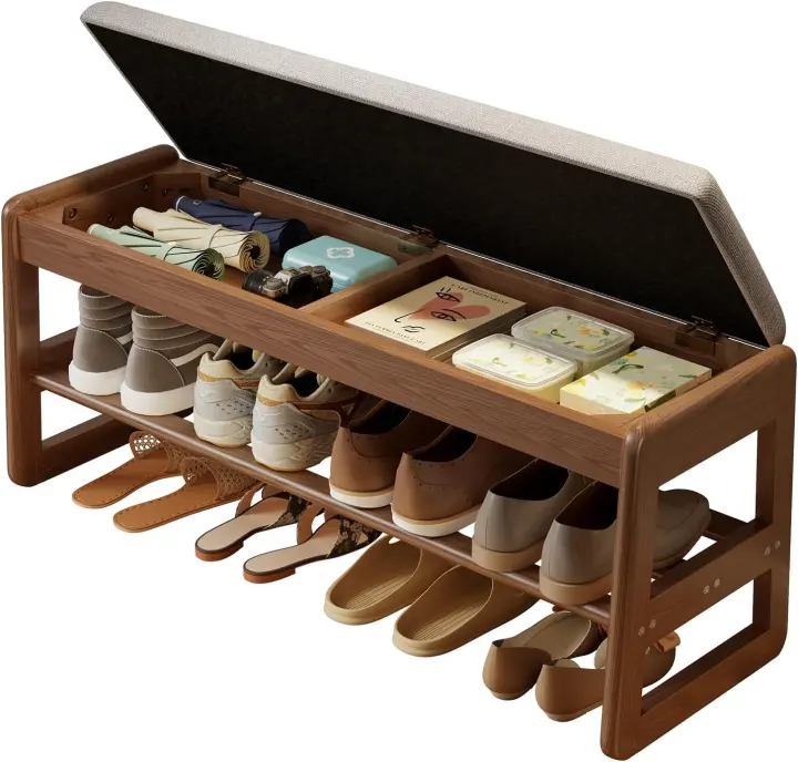 Rubberwood Shoe Bench with Flip-Top Storage, 2-Tier Walnut — 39.3"