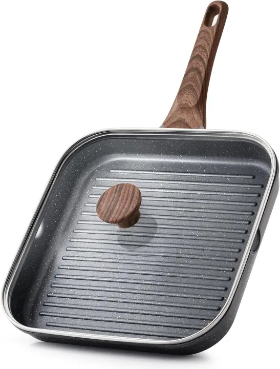 SENSARTE Nonstick Grill Pan with Lid — Large Square Grill Skillet