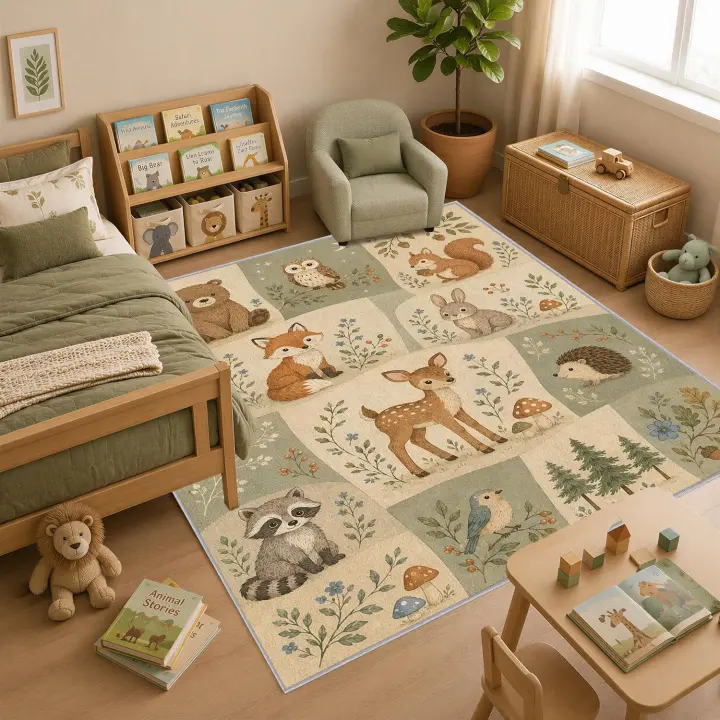 Tzvjxln 5x7 Woodland Animal Nursery Rug — Washable Low-Pile Mat