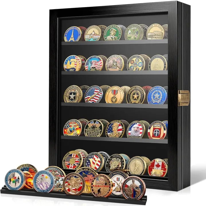 WELIDAY Wooden Challenge Coin Shadow Box — 5-Row Display