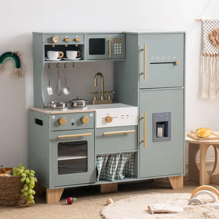 Wooden Play Kitchen with Fridge, Ice Maker & Accessories