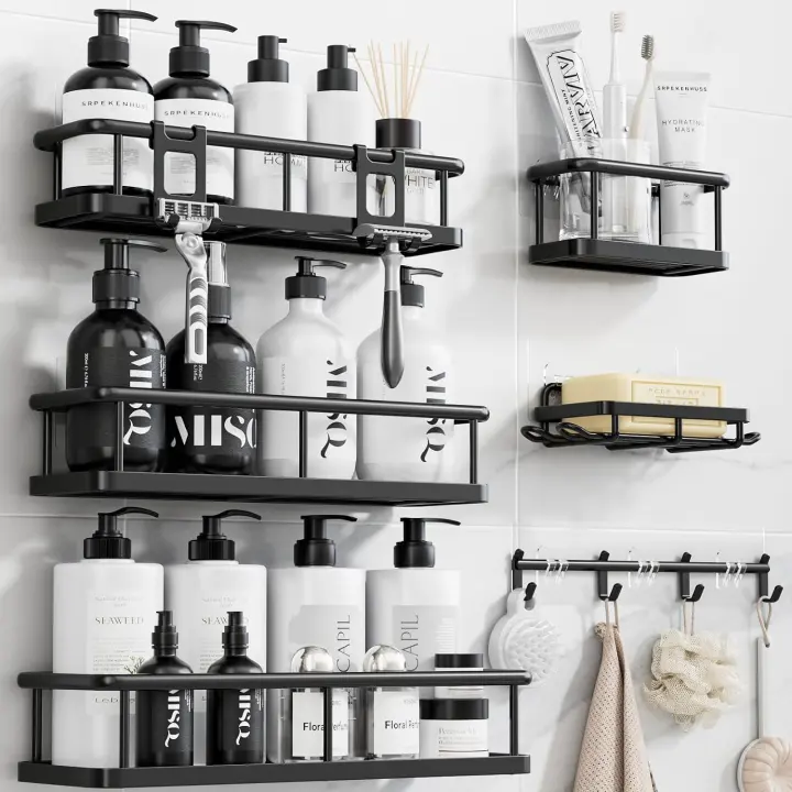 YASONIC Adhesive Stainless Steel Shower Caddy — 6‑Piece Organizer
