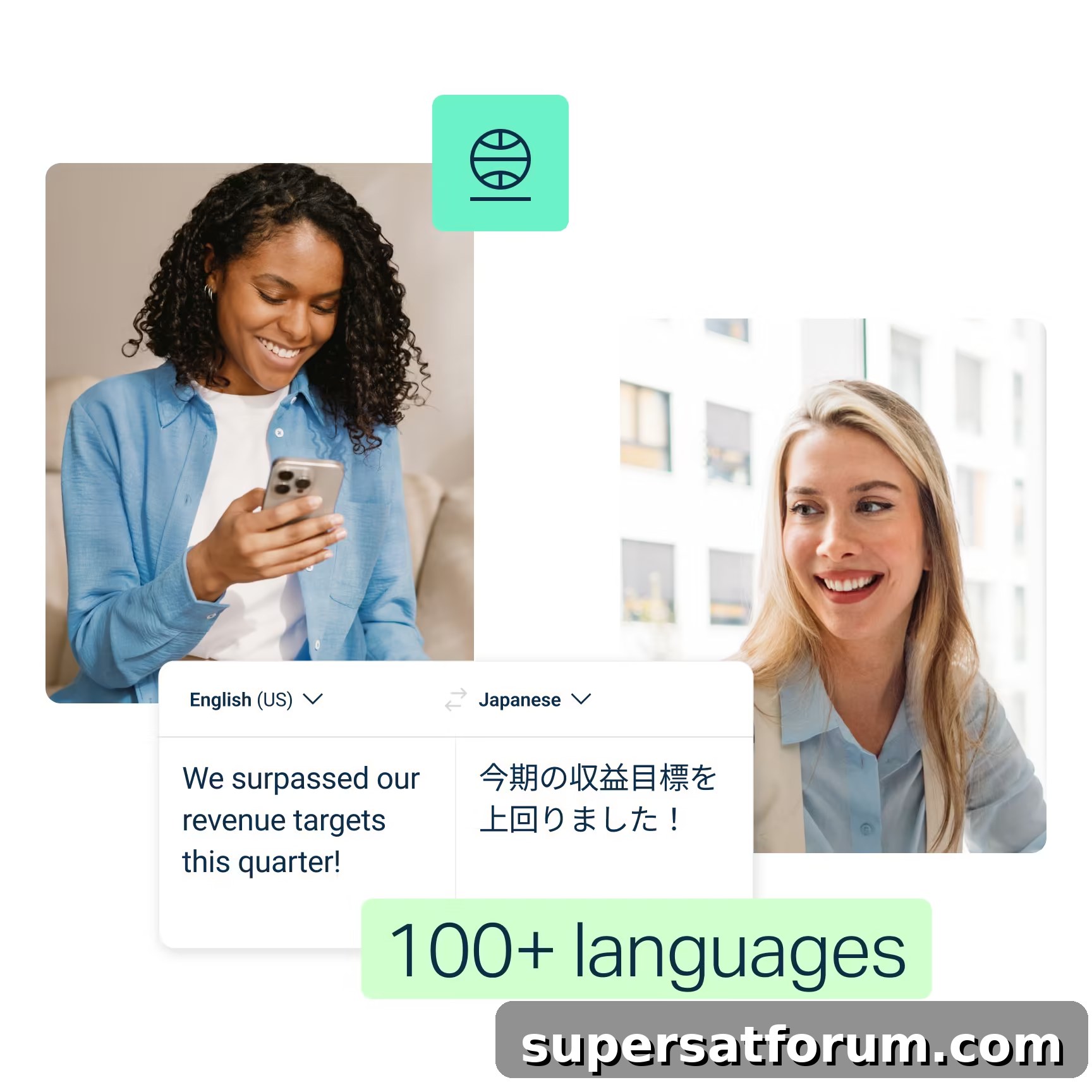 Translator DeepL Global Communication Hero Website Expansion X | IT-Branschen The text reads "We exceeded our revenue targets this quarter!" in English (US) and its translation in Japanese. A label at the bottom reads "30+ languages".